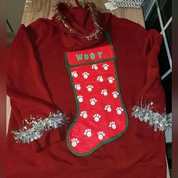 1 ofa Kind Custom Handmade Ugly Christmas Sweater Hoodie Santa Paws Dogs Men's L - Picture 6 of 11